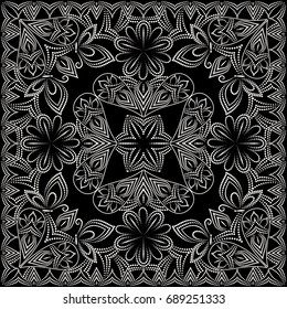 Bandana black and white. Traditional ornamental ethnic pattern with paisley and butterflies. Vector print square.