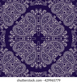 Bandana blue and white. Traditional ornamental ethnic  pattern with paisley and flowers. Vector print square.