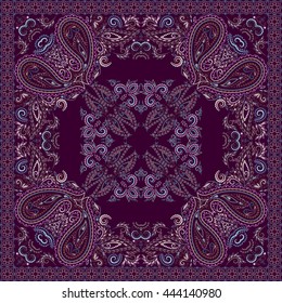 Bandana burgundy. Traditional ornamental ethnic  pattern with paisley and flowers. Vector print square.