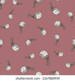 Bandana chef hat seamless pattern engraving. Vintage cooking background in hand drawn style. Vector repeated texture for print, fabric, wrapping, wallpaper, tissue.