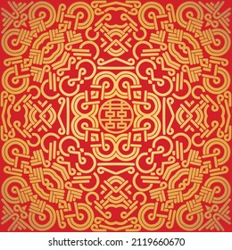 Bandana chinese design - red and gold ornament. Traditional geometric asian pattern and a symbol of happiness. Vector print square.