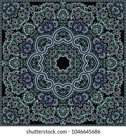 Bandana classy. Traditional ornamental ethnic pattern with paisley and flowers. Vector print square.