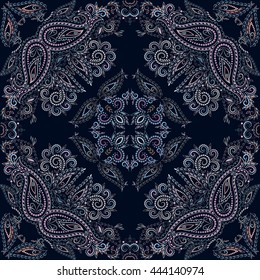 Bandana classy. Traditional ornamental ethnic  pattern with paisley and flowers. Vector print square.