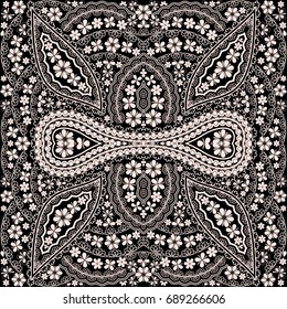 Bandana classy. Traditional ornamental ethnic pattern with decorative elements and flowers. Vector print square.