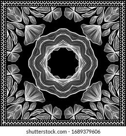 Bandana Clipart. Black and White. Bandana Silk Scarf Pattern, vector floral illustration with abstract waves and lines. Use for sublimation printing. Headband clipart print