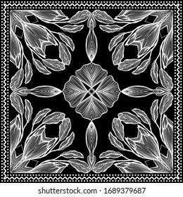 Bandana Clipart Black and White. Bandana Silk Scarf Pattern, vector floral illustration with abstract waves and lines. Use for sublimation printing. Headband clipart print