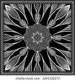 Bandana Clipart Black and White. Bandana Silk Scarf Pattern, vector floral illustration with abstract waves and lines. Use for sublimation printing. Headband clipart print