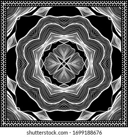 Bandana Clipart Black and White. Bandana Silk Scarf Pattern. Headband clipart print, vector floral illustration with abstract waves and lines. Use for sublimation printing