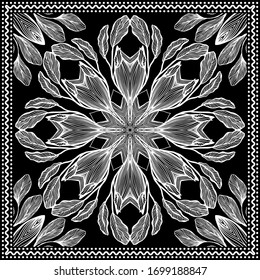 Bandana Clipart Black and White. Bandana Silk Scarf Pattern. Headband clipart print, vector floral illustration with abstract waves and lines. Use for sublimation printing