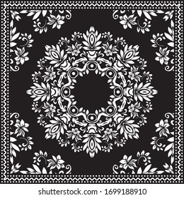 Bandana Clipart Black and White. Bandana Silk Scarf Pattern. Headband clipart print, vector floral illustration with abstract waves and lines. Use for sublimation printing