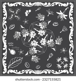 Bandana Floral. bandana flower print. bandana floral, coffee beans, leaf, flowers, gaafae, kafae. Grey and white pattern template. Silk neck scarf or kerchief square pattern design style. coffee love.