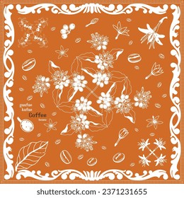 Bandana Floral. bandana flower print. bandana floral, coffee beans, leaf, gaafae, kafae. orange and white pattern template. Silk neck scarf or kerchief square pattern design style. coffee lover.