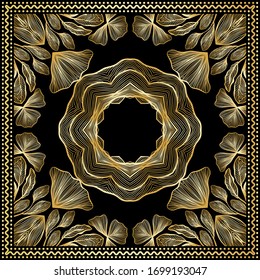 Bandana Gold Clipart. Headband clipart print. Bandana Silk Scarf Pattern, vector floral illustration with abstract golden colored waves and lines. Use for sublimation printing