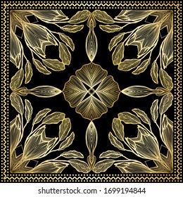 Bandana Gold Clipart. Headband clipart print. Bandana Silk Scarf Pattern, vector floral illustration with abstract golden waves and lines. Use for sublimation printing