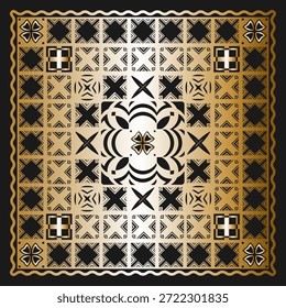 Bandana mit goldenem geometrischem Muster auf schwarzem Hintergrund. Design für eine Tischdecke, einen Teppich, eine Decke oder einen anderen Artikel. Vektorgrafik