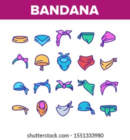 Bandana Hats Collection Elements Icons Set Vector Thin Line. Bandana Windy Hair Dressing, Headband For Woman Hairstyle, Cowboy Face Mask Concept Linear Pictograms. Color Contour Illustrations