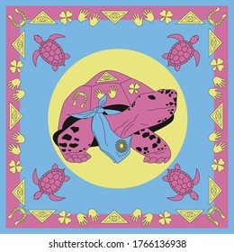 bandana with the image of a turtle in the center with symbols of good luck. Vector illustration in blue pink and yellow