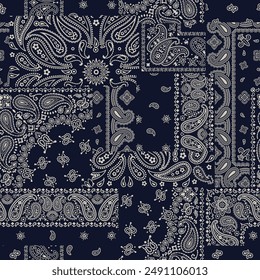 Bandana kerchief paisley fabric patchwork wallpaper abstract vector seamless pattern for scarf kerchief shirt fabric carpet rug tablecloth pillow