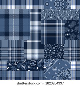 Bandana motifs and tartan plaid fabric patchwork abstract vector seamless pattern wallpaper