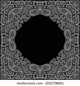 Bandana paisley design - black and white ornament. Traditional ethnic floral pattern. Vector print square.