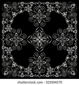 Bandana paisley design - black and white pattern. Traditional ethnic floral ornament. Vector print square.