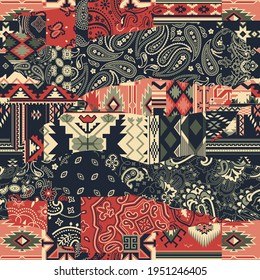 Bandana paisley and native American motifs  fabric patchwork abstract vector seamless pattern