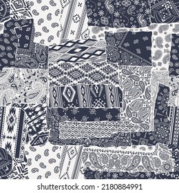 Bandana paisley and native American traditional fabric patchwork abstract vector seamless pattern