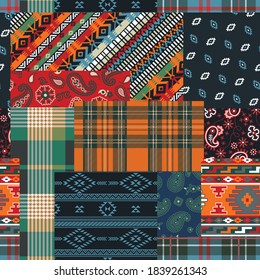 Bandana paisley native motifs and tartan plaid fabric patchwork abstract vector seamless pattern