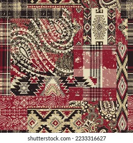 Bandana paisley, einheimische Motive und tartan geflochtener Stoffpatchwork abstrakter Grunge Vektor nahtloses Muster