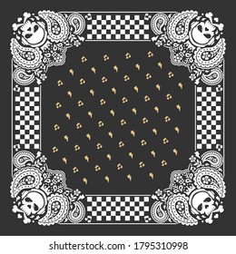 Bandana Paisley Ornament Design with skulls and music symbol