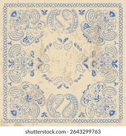 Bandana paisley pattern with grunge texture. Scarf, fabric, and textile backgrounds. Bandana print in brown tones, featuring ethnic ornaments, swirls.