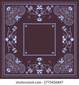 Bandana with paisley pattern and grunge texture. Scarf, fabric, and textile backgrounds. Bandana print featuring ethnic ornaments and abstract swirls.