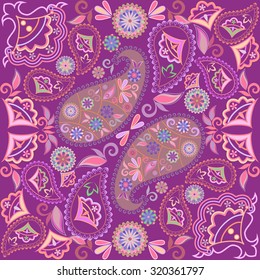 Bandana paisley and seamless purple ethnic geometric pattern with flowers. Vector print square.