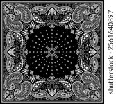 Bandana paisley square ethnic floral hand drawn pattern.Ornament classic vintage vector elements white on black background.Design for scarf,headscarf,kerchief,hijab,tablecloth,print fabric,decoration.