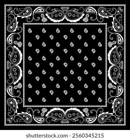 Bandana paisley square ethnic floral hand drawn pattern.Ornament classic vintage vector elements white on black background.Design for scarf,headscarf,kerchief,hijab,tablecloth,print fabric,decoration.