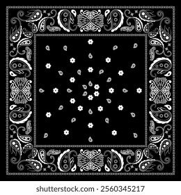 Bandana paisley square ethnic floral hand drawn pattern.Ornament classic vintage vector elements white on black background.Design for scarf,headscarf,kerchief,hijab,tablecloth,print fabric,decoration.