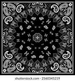 Bandana paisley square ethnic floral hand drawn pattern.Ornament classic vintage vector elements white on black background.Design for scarf,headscarf,kerchief,hijab,tablecloth,print fabric,decoration.