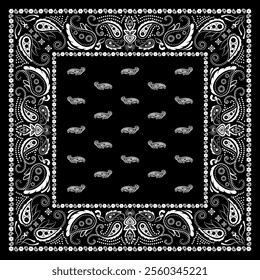 Bandana paisley square ethnic floral hand drawn pattern.Ornament classic vintage vector elements white on black background.Design for scarf,headscarf,kerchief,hijab,tablecloth,print fabric,decoration.