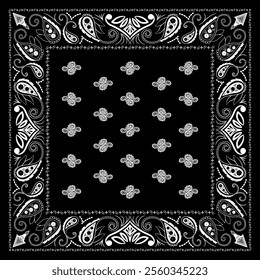 Bandana paisley square ethnic floral hand drawn pattern.Ornament classic vintage vector elements white on black background.Design for scarf,headscarf,kerchief,hijab,tablecloth,print fabric,decoration.