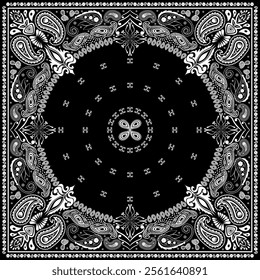 Bandana paisley square ethnic floral hand drawn pattern.Ornament classic vintage vector elements white on black background.Design for scarf,headscarf,kerchief,hijab,tablecloth,print fabric,decoration.