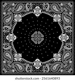 Bandana paisley square ethnic floral hand drawn pattern.Ornament classic vintage vector elements white on black background.Design for scarf,headscarf,kerchief,hijab,tablecloth,print fabric,decoration.