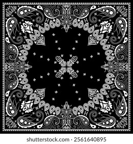 Bandana paisley square ethnic floral hand drawn pattern.Ornament classic vintage vector elements white on black background.Design for scarf,headscarf,kerchief,hijab,tablecloth,print fabric,decoration.