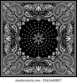 Bandana paisley square ethnic floral hand drawn pattern.Ornament classic vintage vector elements white on black background.Design for scarf,headscarf,kerchief,hijab,tablecloth,print fabric,decoration.