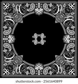 Bandana paisley square ethnic floral hand drawn pattern.Ornament classic vintage vector elements white on black background.Design for scarf,headscarf,kerchief,hijab,tablecloth,print fabric,decoration.