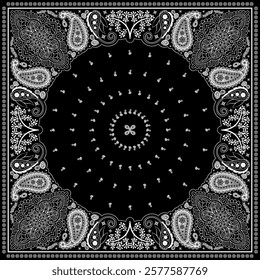 Bandana paisley square ethnic floral hand drawn pattern.Ornament classic vintage vector elements white on black background.Design for scarf,headscarf,kerchief,hijab,tablecloth,print fabric,decoration.