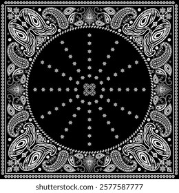 Bandana paisley square ethnic floral hand drawn pattern.Ornament classic vintage vector elements white on black background.Design for scarf,headscarf,kerchief,hijab,tablecloth,print fabric,decoration.