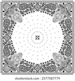 Bandana paisley square ethnic floral hand drawn pattern.Ornament classic vintage vector elements black on white background.Design for scarf,headscarf,kerchief,hijab,tablecloth,print fabric,decoration.