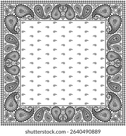 Bandana paisley square ethnic floral hand drawn pattern.Ornament classic vintage vector elements black on white background.Design for scarf,headscarf,kerchief,hijab,tablecloth,print fabric,decoration.