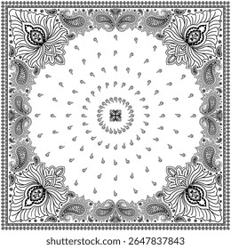 Bandana paisley square ethnic floral hand drawn pattern.Ornament classic vintage vector elements black on white background.Design for scarf,headscarf,kerchief,hijab,tablecloth,print fabric,decoration.