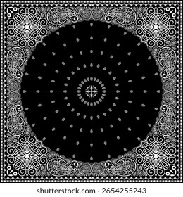 Bandana paisley square ethnic floral hand drawn pattern.Ornament classic vintage vector elements white on black background.Design for scarf,headscarf,kerchief,hijab,tablecloth,print fabric,decoration.